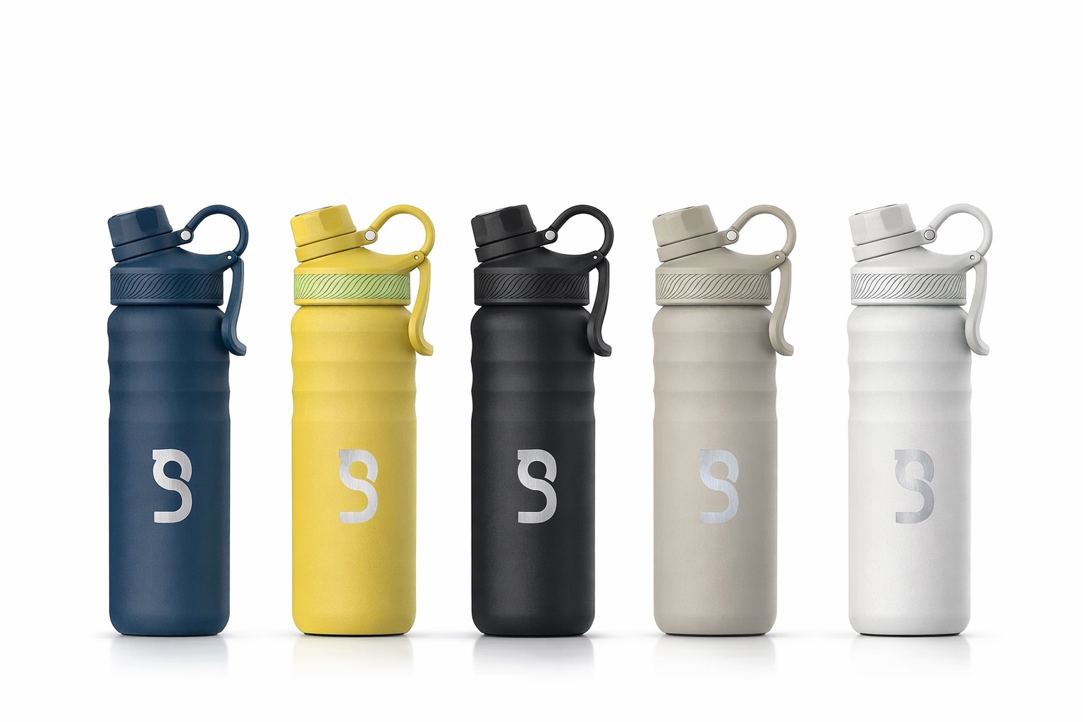 Familia de termos RON en 5 colores: Navy Blue, Saffron, Matte Black, Creamy y Snowy White